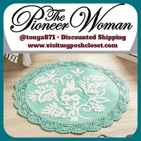 🦋 New Pioneer Woman Mazie Floral Crochet Round Cotton Bath Rug, Mint, 24" x 24" - Picture 1 of 6